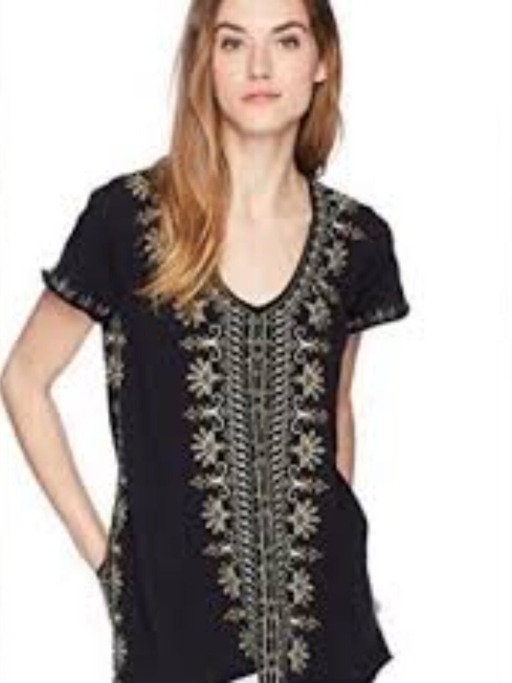 Johnny Was Black Embroidered Tunic Top, Size L/XL